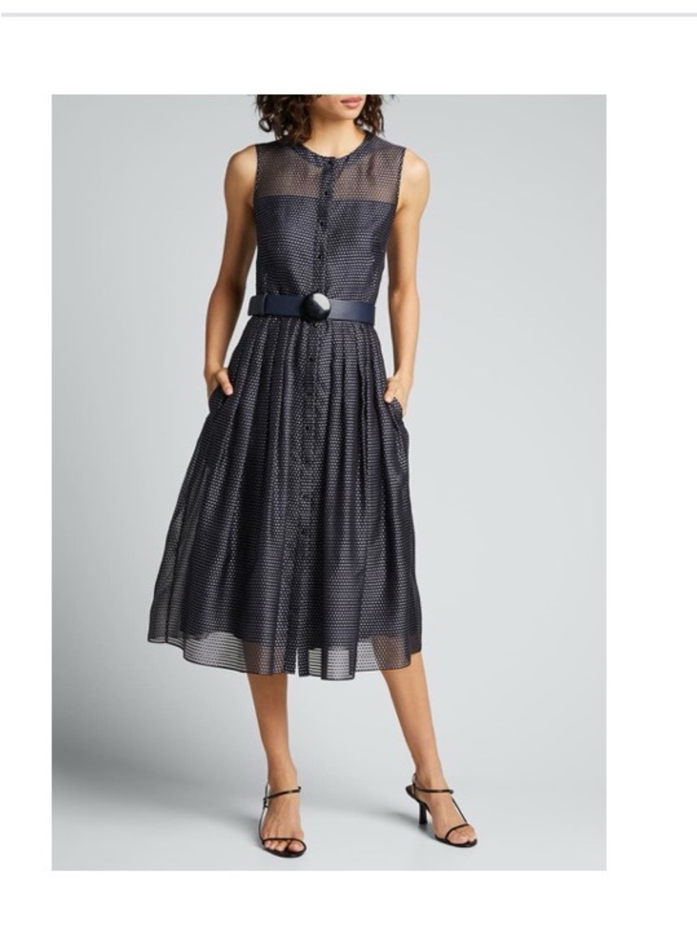 Akris Punto dark navy pin dot organza dress with pockets.